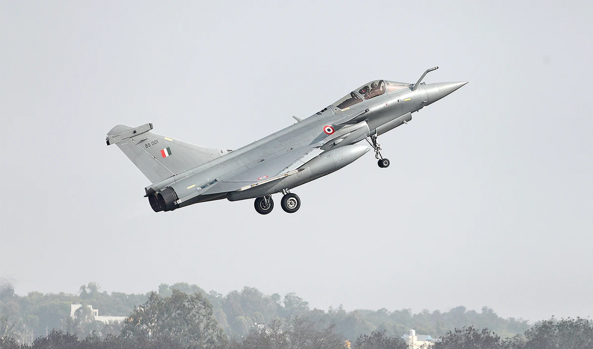 A French-made Rafale fighter jet takes off on the inaugural day of the Aero India 2021 at Yelahanka air base in Bengaluru, India, on Feb. 3, 2021. (AP/File)