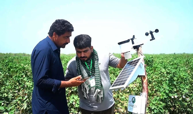Pakistani agri-tech company Crop2X official deploys sensor probe into fields to capture soil and weather data during an interview with Arab News in Sanghar district on July 1, 2024, as the company pilot the ‘first-ever’ IoT-based climate-resilient precision agriculture project for local farmers in southern Sindh province. (AN Photo/File)