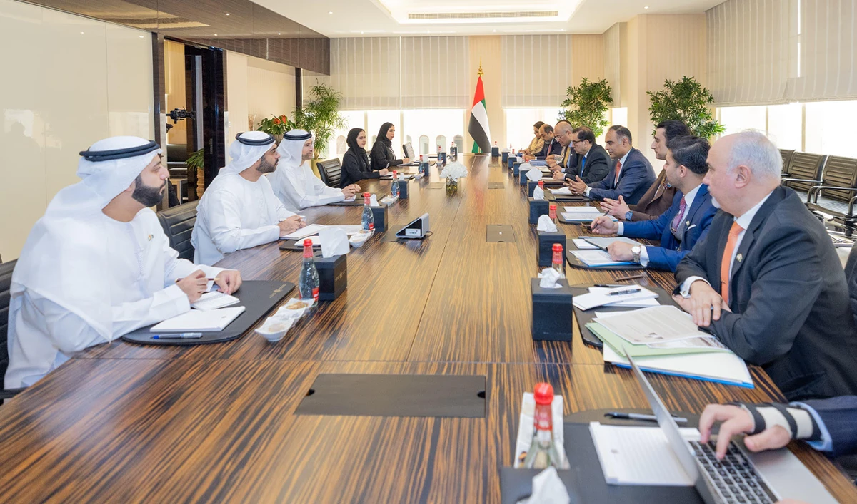 Delegation form Pakistan led by State Minister for Finance, Bilal Azhar Kayani (fourth left) in conversation with UAE's counterpart in Abu Dhabi, UAE, on July 9, 2025. (Government of Pakistan)