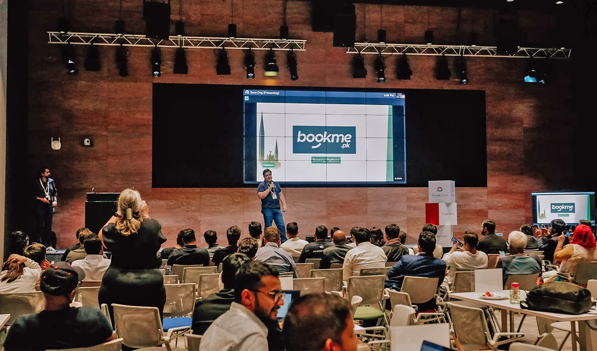 Bookeme CEO and Founder, Faizan Aslam, is speaking at the Google SouthXChange Program at Google's headquarters in Singapore in 2024. (Faizan Aslam)