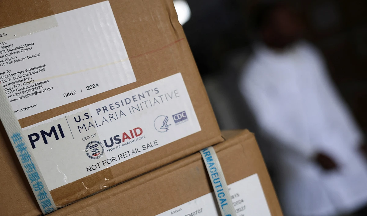 A stack of USAID-aided medical supplies is seen outside Bauchi State Drugs and Medical Consumables Management Agency central medical store in Bauchi State, Nigeria, May 7, 2025. (AFP/File)