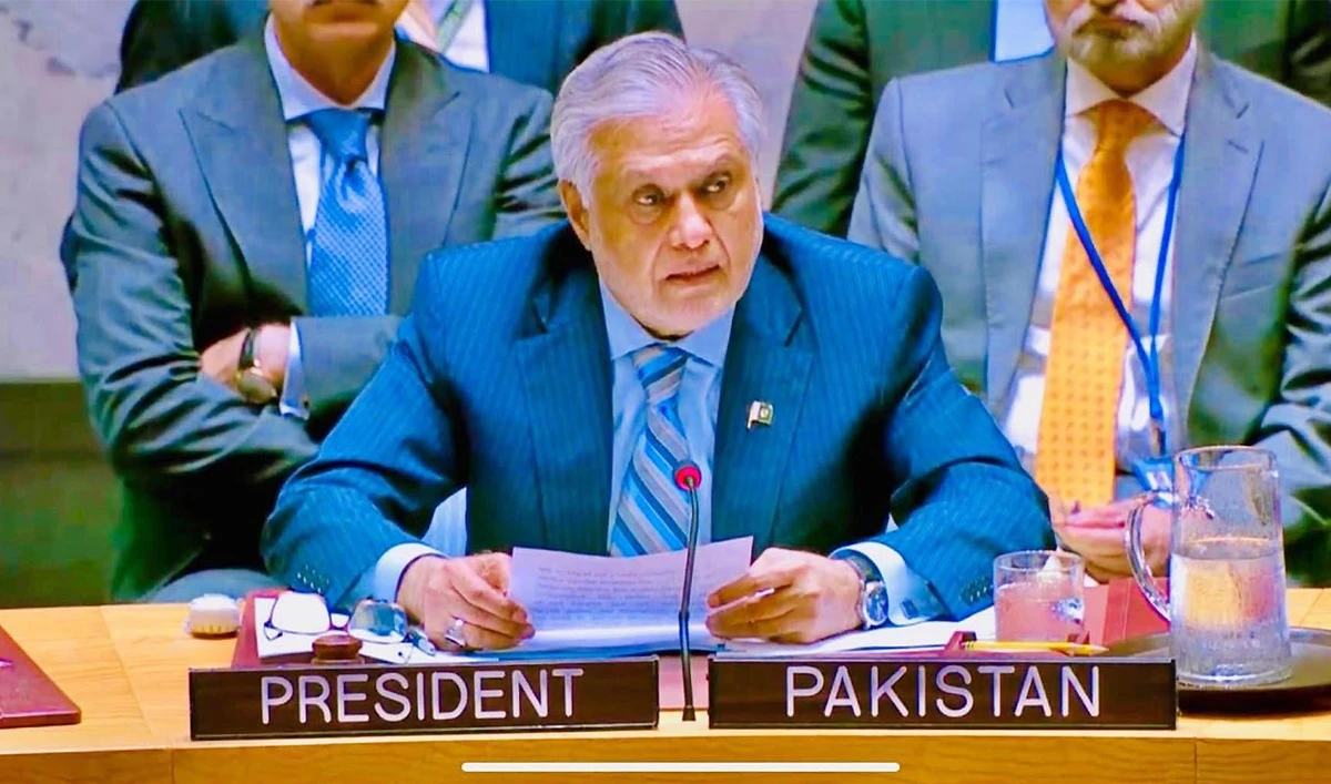 Pakistan's Deputy Prime Minister and Foreign Minister, Ishaq Dar, is presiding over the United Nations Security Council's open debate on the "Situation in the Middle East including the Palestinian Question" in New York, US, on July 23, 2025. (Pakistan's Foreign Office)