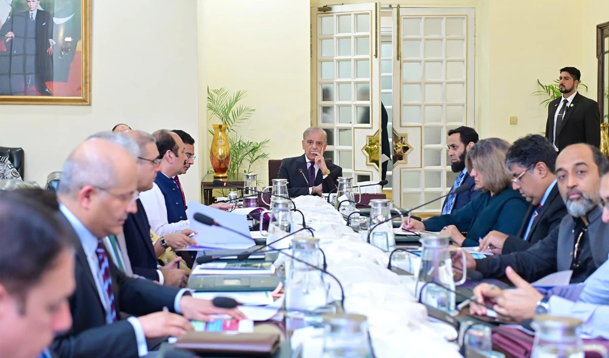 Prime Minister Shehbaz Sharif (center) chairs a meeting to review progress regarding productive employment opportunities for youth, in Islamabad on July 25, 2025. (PID)