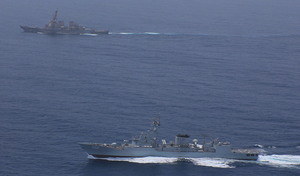 The picture shared by Pakistan Navy on July 30, 2025 shows PNS Shamsheer and USS Fitzgerald during a Passage Exercise (PASSEX) in the North Indian Ocean. (Pakistan Navy)
