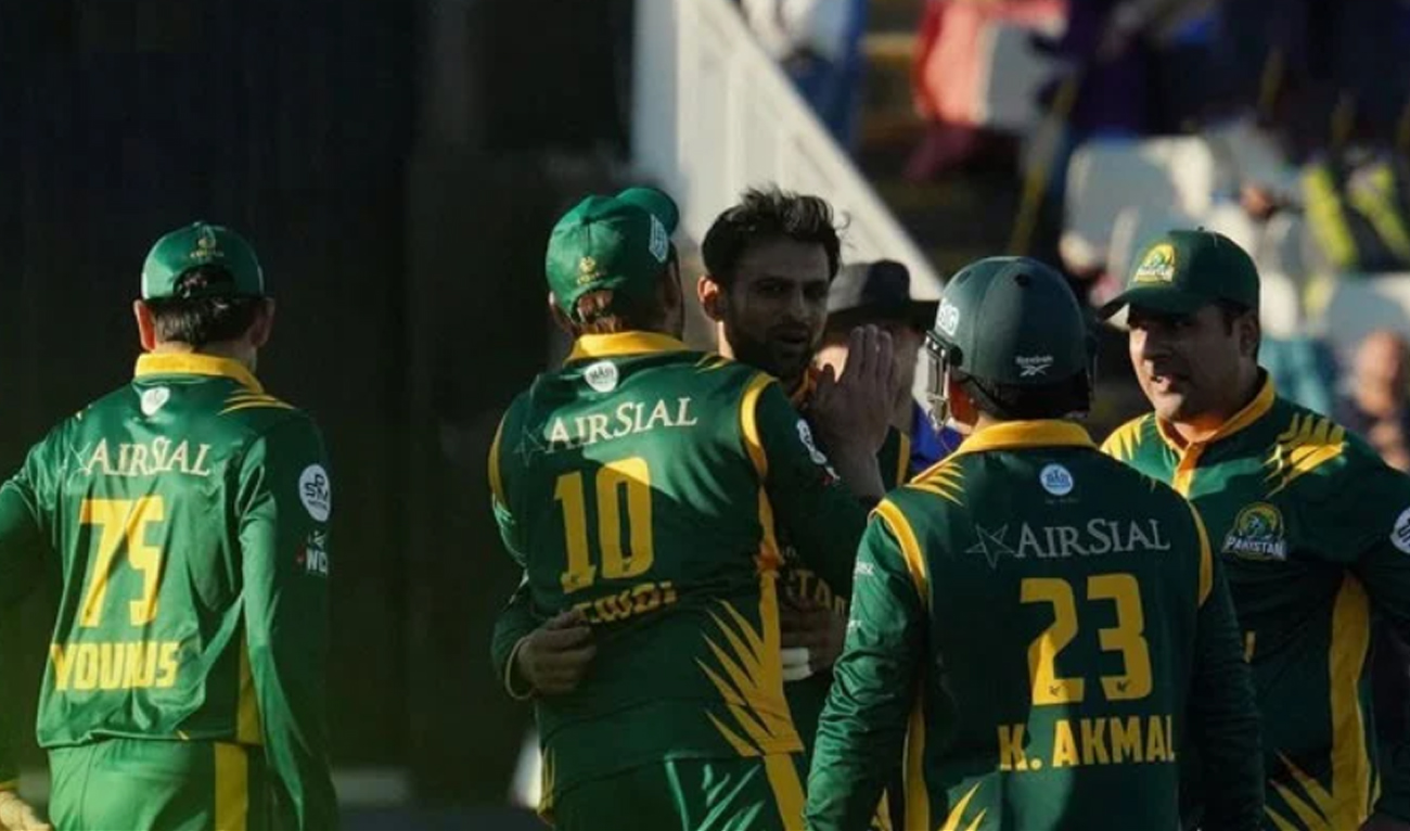 Pakistan Champions’ Shoaib Malik (center) celebrates taking a wicket with teammates during their World Championship of Legends semifinal against the West Indies at The County Ground in Northampton on July 12, 2024. (Photo courtesy: Instagram/wclpakistanchampions/File)
