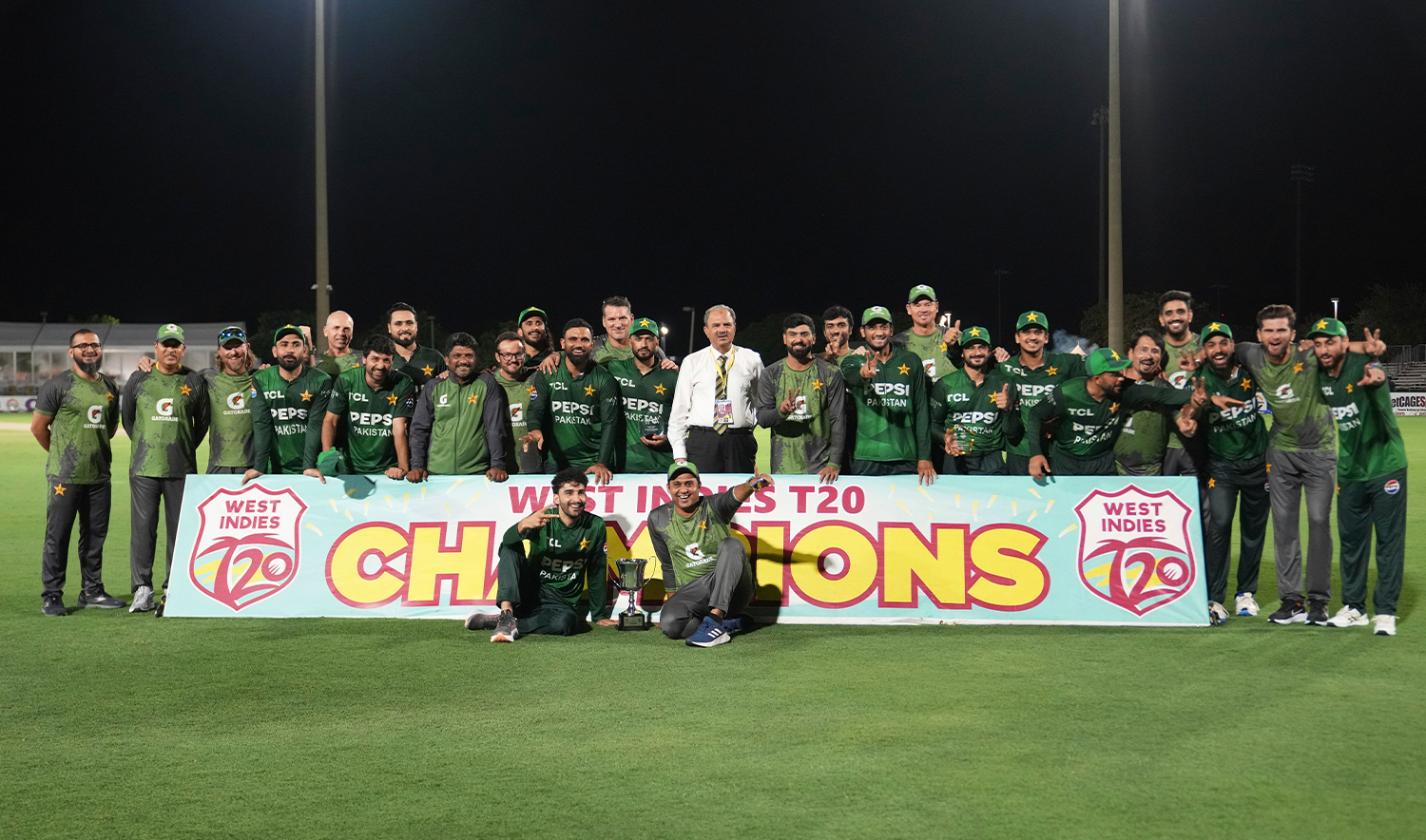 The Pakistan team poses with the trophy after winning the Twenty20 cricket series against the West Indies in Lauderhill, Florida, on Aug. 3, 2025. (AP)