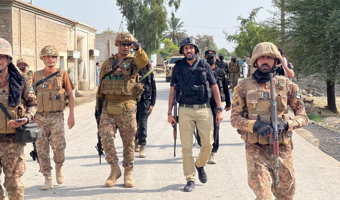 The photo shared on August 8, 2025, shows Pakistani security forces and police officers in Bannu district in northwestern Khyber Pakhtunkhwa province. (Photo courtesy: Bannu Police)