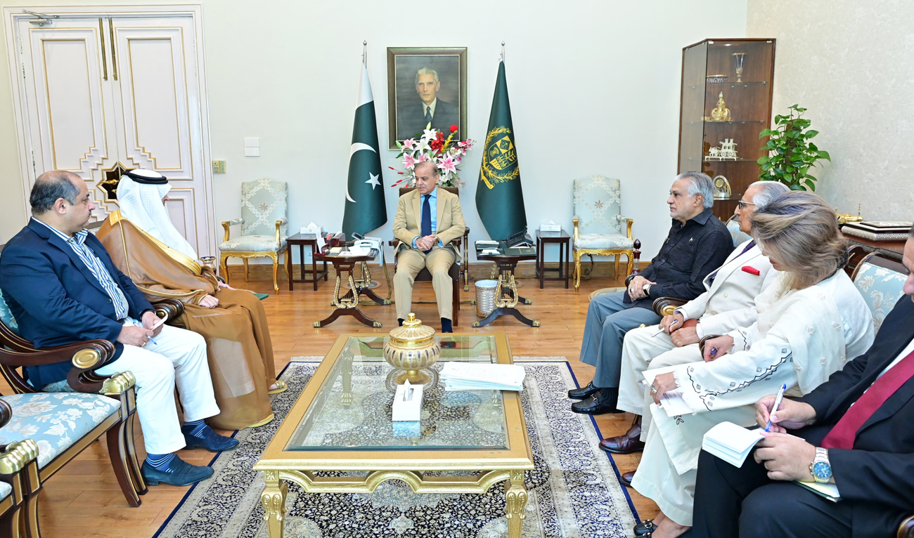 Pakistan Prime Minister Shehbaz Sharif speaks during a meeting with Saudi Ambassador Nawaf bin Said Al-Malki at the Prime Minister’s Office in Islamabad on August 9, 2025. (Handout/PMO)