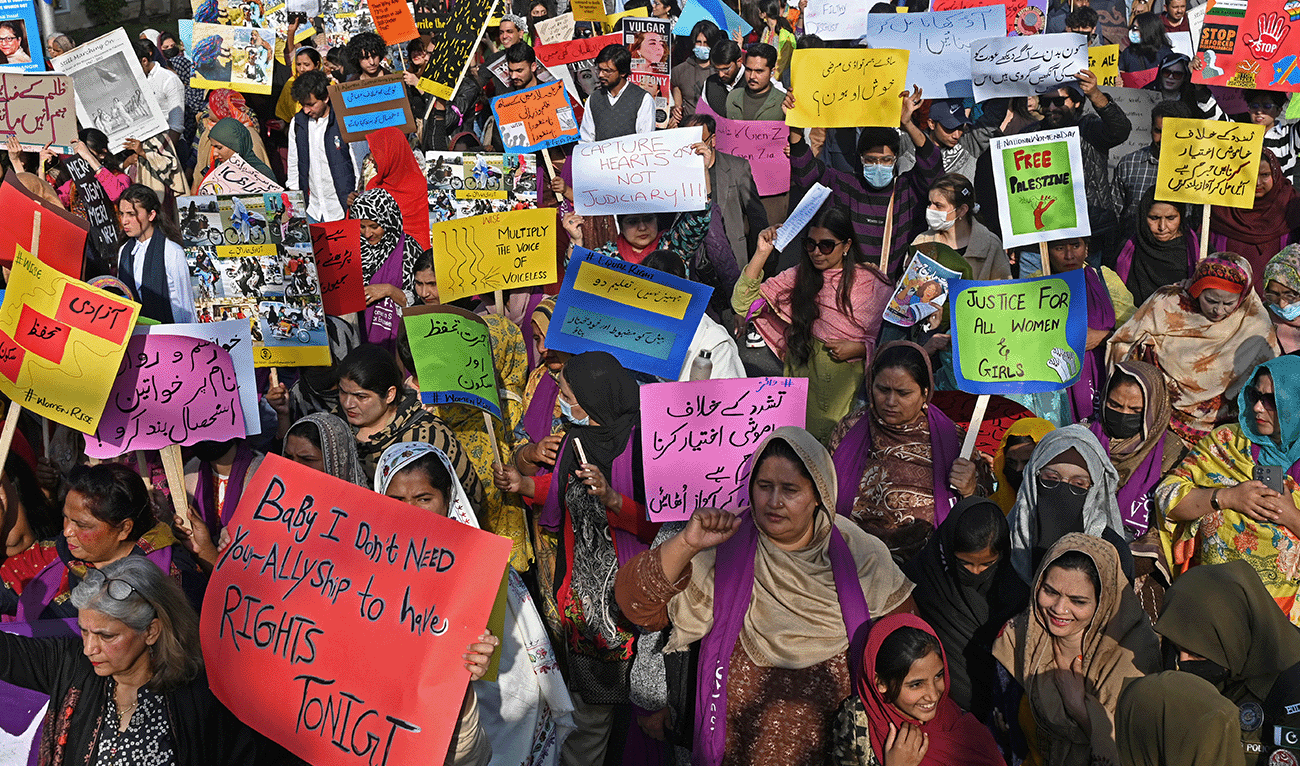 Activists of 'Aurat March' group take part in a rally to mark Pakistan's National Women's Day, in Lahore on February 12, 2025.