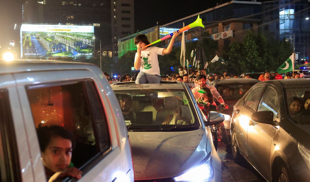 A child uses a vuvuzela during Pakistan's Independence Day celebration in Lahore, Pakistan August 14, 2025. (REUTERS)