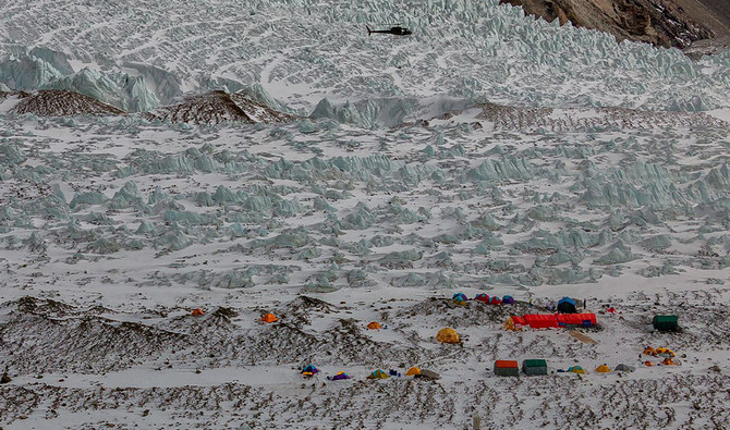 A Pakistani army helicopter flies over K2 base camp on February 25, 2018. (AFP/File)