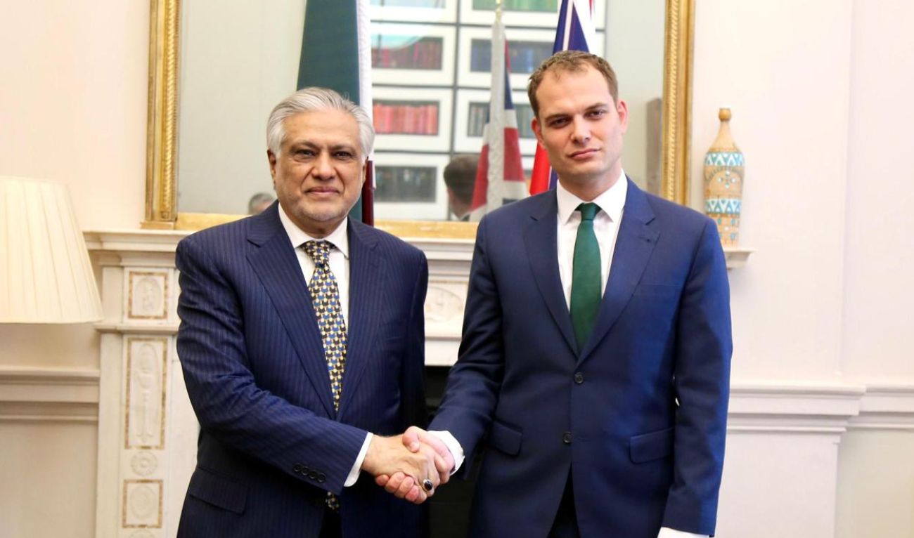 Deputy Prime Minister and Foreign Minister, Ishaq Dar, in a meeting with the UK’s Parliamentary Under-Secretary of State for the Middle East, Afghanistan, and Pakistan, Rt. Hon Hamish Falconer, in London on August 18, 2025. (Foreign Office)