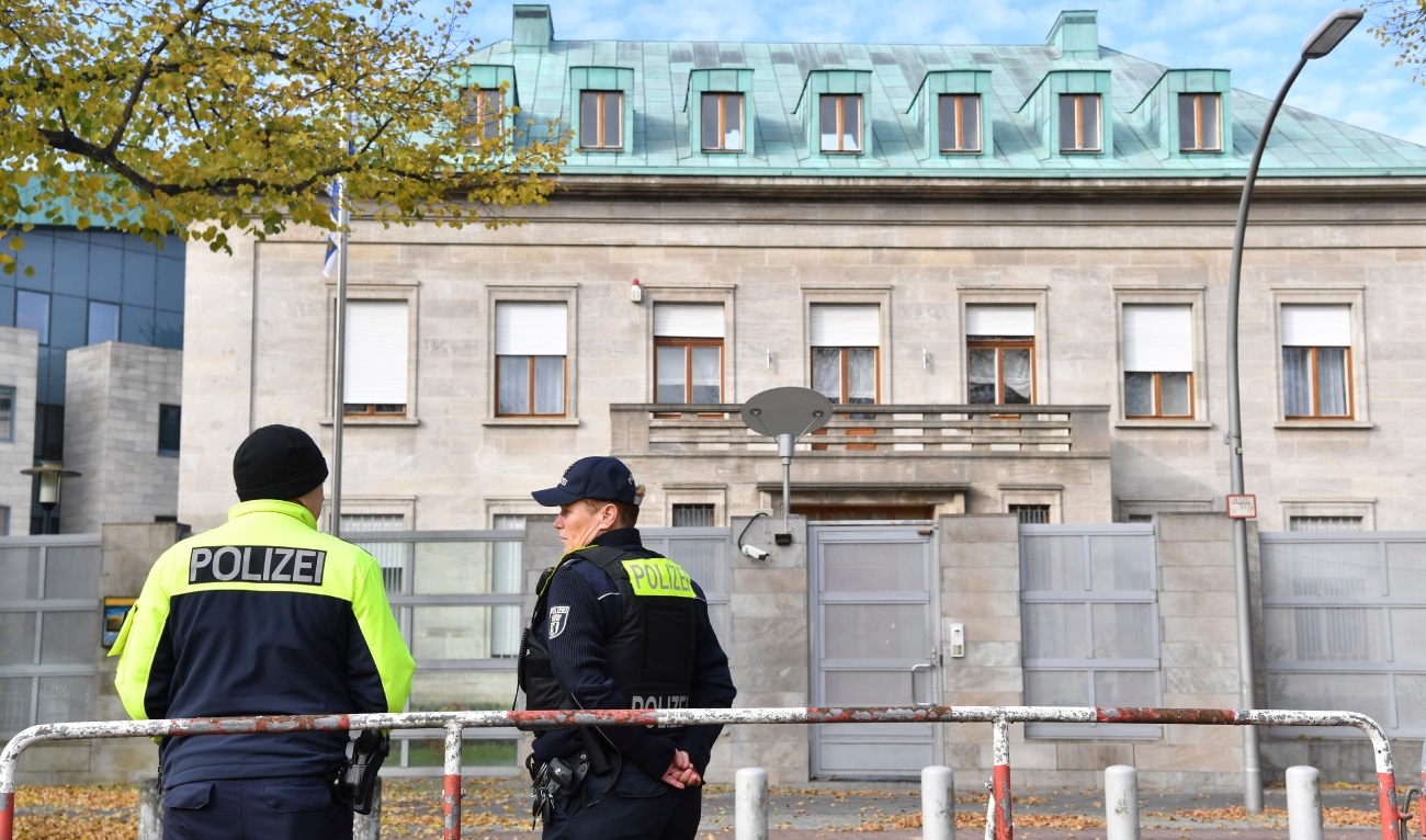 Police officers stand by the Israeli embassy in Berlin on Oct. 20, 2024. (AP/File)
