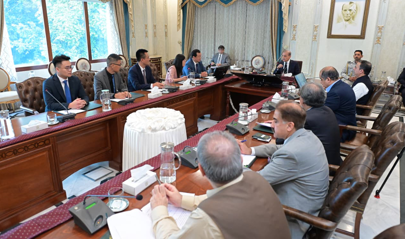 Pakistan Prime Minister Shehbaz Sharif speaks during a meeting with delegation of Shandong Xinxu Group Corporation in Islamabad on August 20, 2025. (Photo courtesy: PMO/Handout)