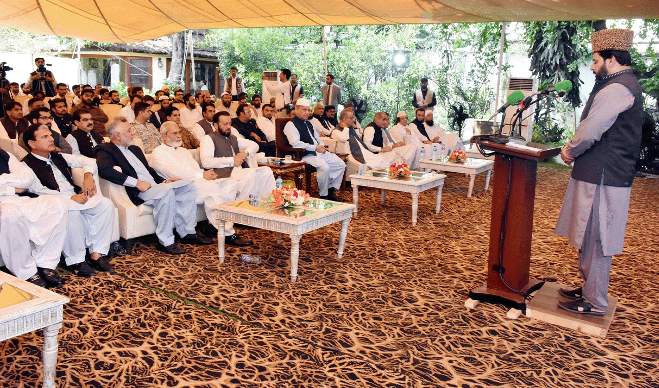 Pakistan's Prime Minister (front row-sixth from right) attends an event on the eve of Eid-Milad-ul-Nabi, in Islamabad, Pakistan on September 17, 2025. (PID/File)