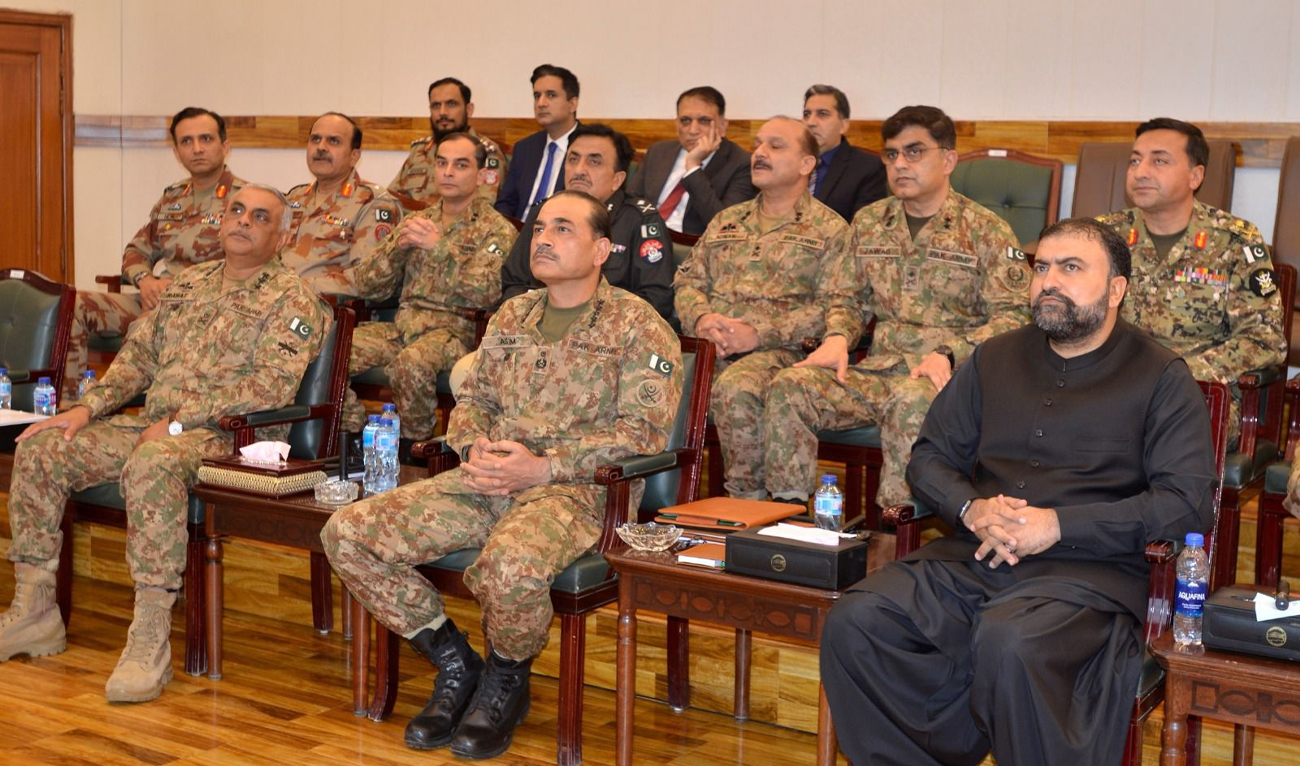 Chief Minister Balochistan Sarfraz Bugti (right) and Pakistan’s army chief, Field Marshal Asim Munir (second right), attend a briefing in Turbat, Balochistan, on August 23, 2025. (ISPR)