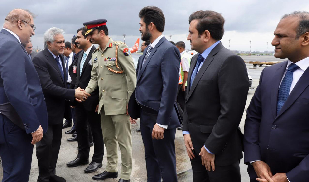 Pakistan’s Deputy Prime Minister and Foreign Minister Ishaq Dar arrives in Dhaka on August 23, 2025, on a two-day official visit to Bangladesh. (Handout/MoFA)