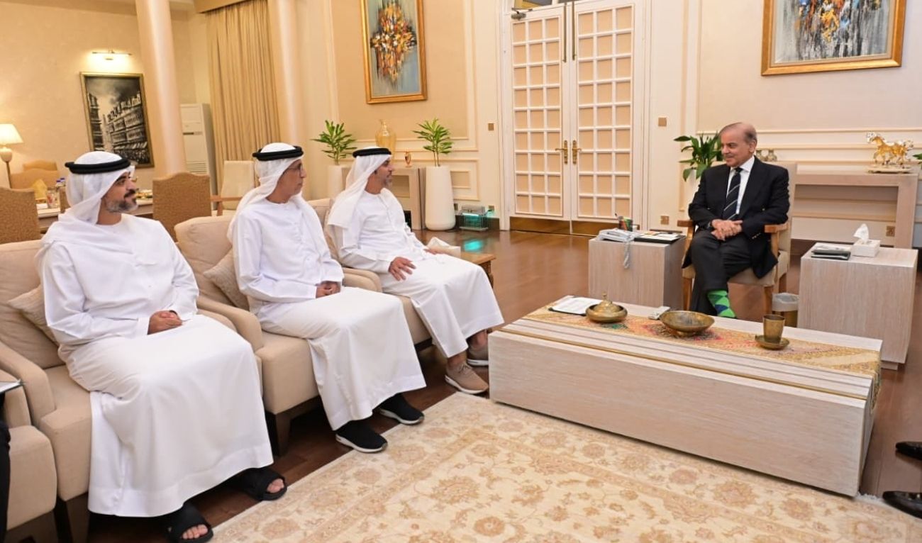 Prime Minister Shehbaz Sharif meeting with UAE’s Ambassador Hamad Obaid Ibrahim Al-Zaabi in Islamabad, on August 25, 2025. (PMO)