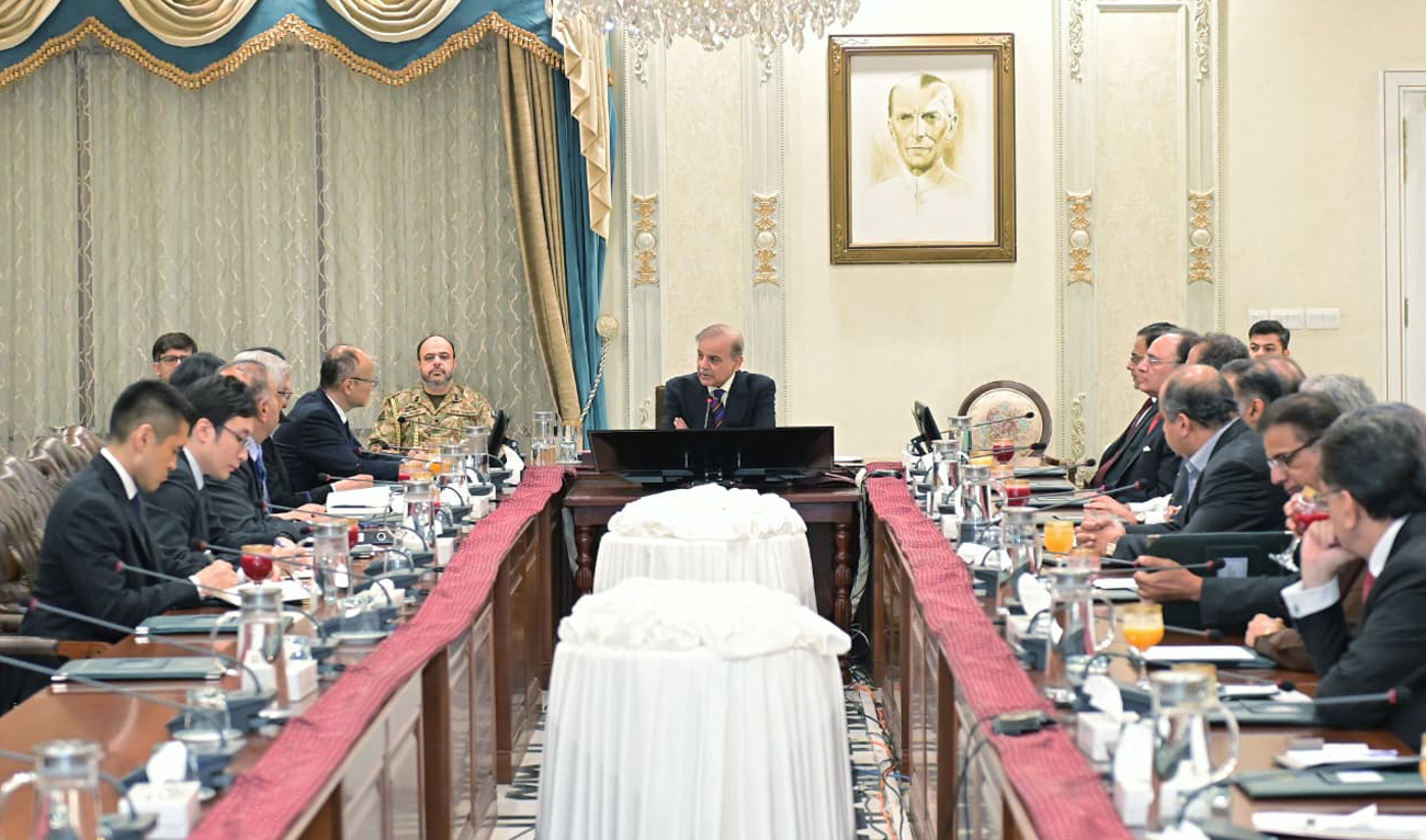 Pakistan Prime Minister Shehbaz Sharif speaks during a meeting with Asian Development Bank President Masato Kanda in Islamabad on August 27, 2025. (Handout/PMO)