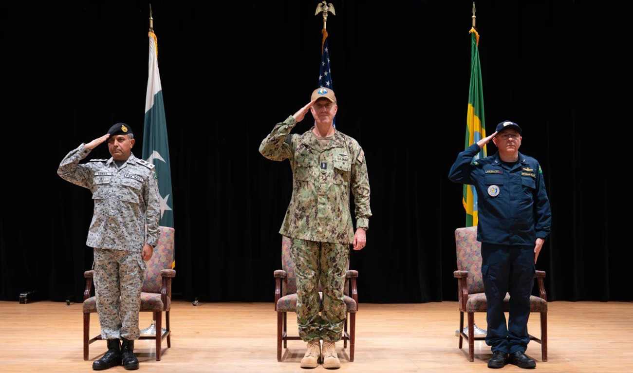 In this handout photo, released on August 28, 2025, Pakistan Navy’s Commodore Sohail Ahmad Azmie hands over the Command of CTF-151 to Rear Admiral Marcelo Lanvellotti of Brazilian Navy at HQ Combined Maritime Forces in Bahrain. (Handout/Pakistan Navy)