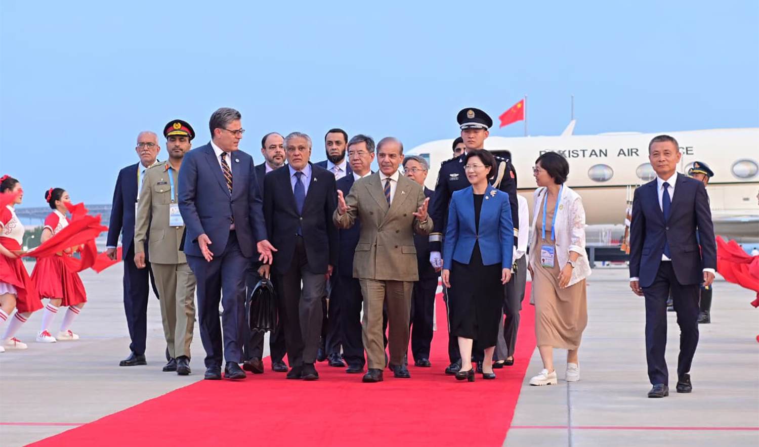 Pakistan Prime Minister Shehbaz Sharif (center) arrives at Tianjin Binhai International Airport in Tianjin, China, on August 30, 2025, for his six-day visit to attend a SCO summit and hold bilaterial meetings. (Government of Pakistan)