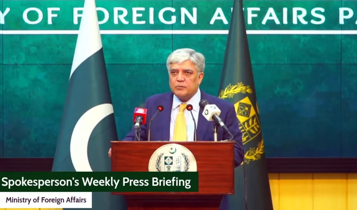 The screengrab taken from the press conference of Pakistan’s Ministry of Foreign Affairs shows the foreign office’s spokesperson Shafqat Ali Khan addressing the weekly media briefing in Islamabad on August 1, 2025. (MOFA)