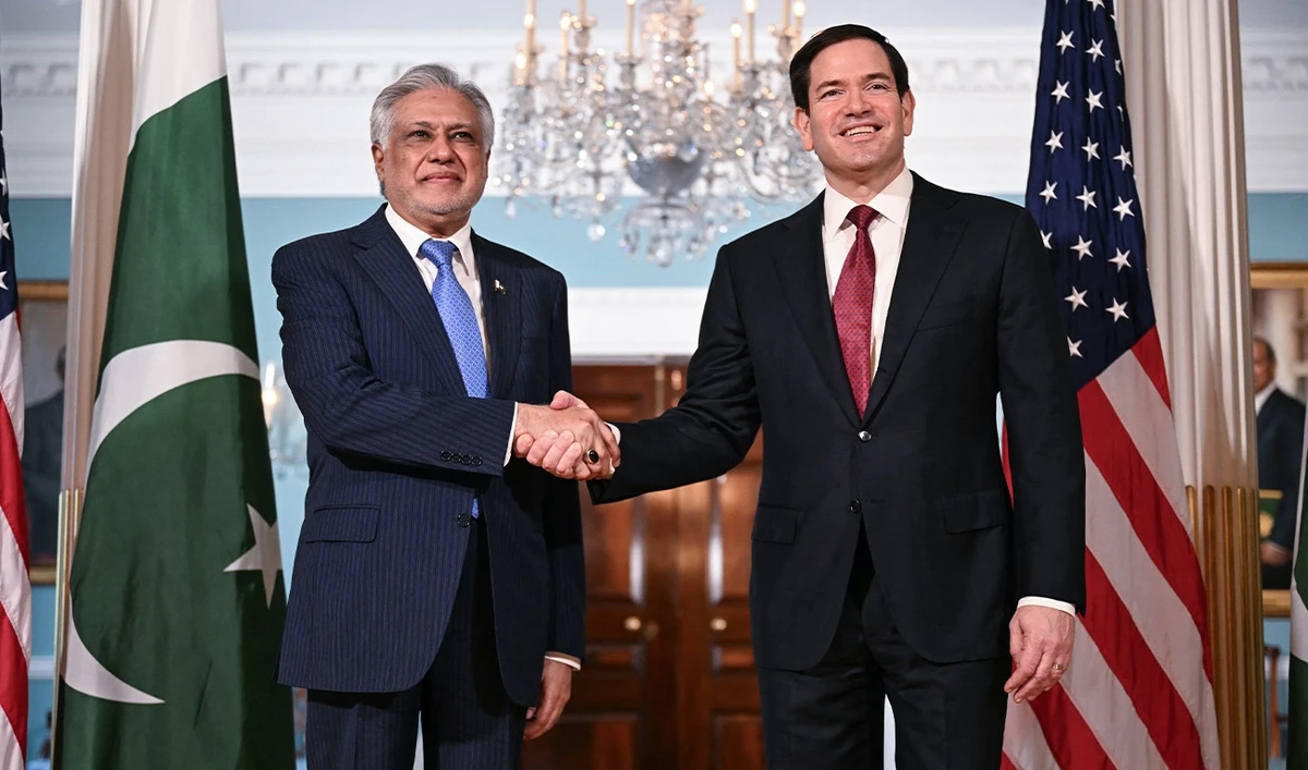 US Secretary of State Marco Rubio shakes hands with Pakistani Deputy Prime Minister and Foreign Minister Ishaq Dar (L) as they meet at the State Department in Washington, DC, on July 25, 2025. (AFP/File)