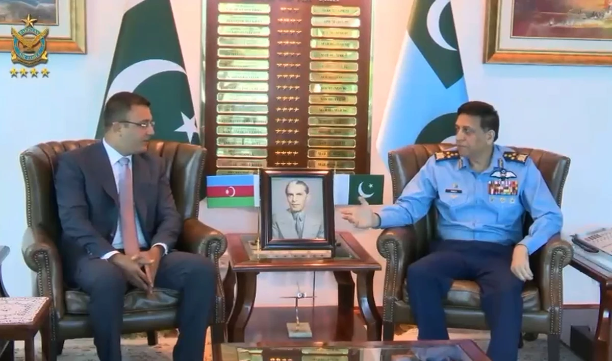 Azerbaijan Deputy Defense Minister Agil Gurbanov gestures during a meeting with Pakistan Air Chief Marshal Zaheer Ahmed Baber Sidhu at the Air Headquarters in Islamabad on August 19, 2025. (Screengrab/Handout)