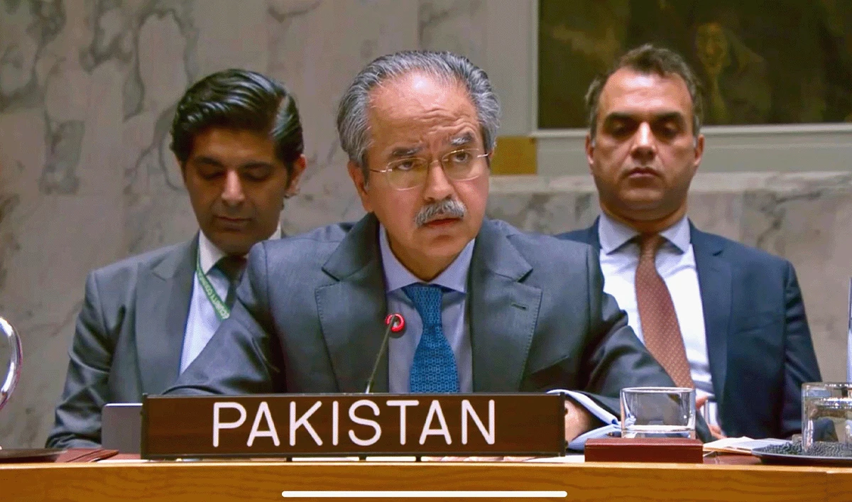 Pakistan's Ambassador to the United Nations, Asim Iftikhar Ahmad, speaking during a UN Security Council's session in New York, US, on August 20, 2025. (@PakistanUN_NY/X)