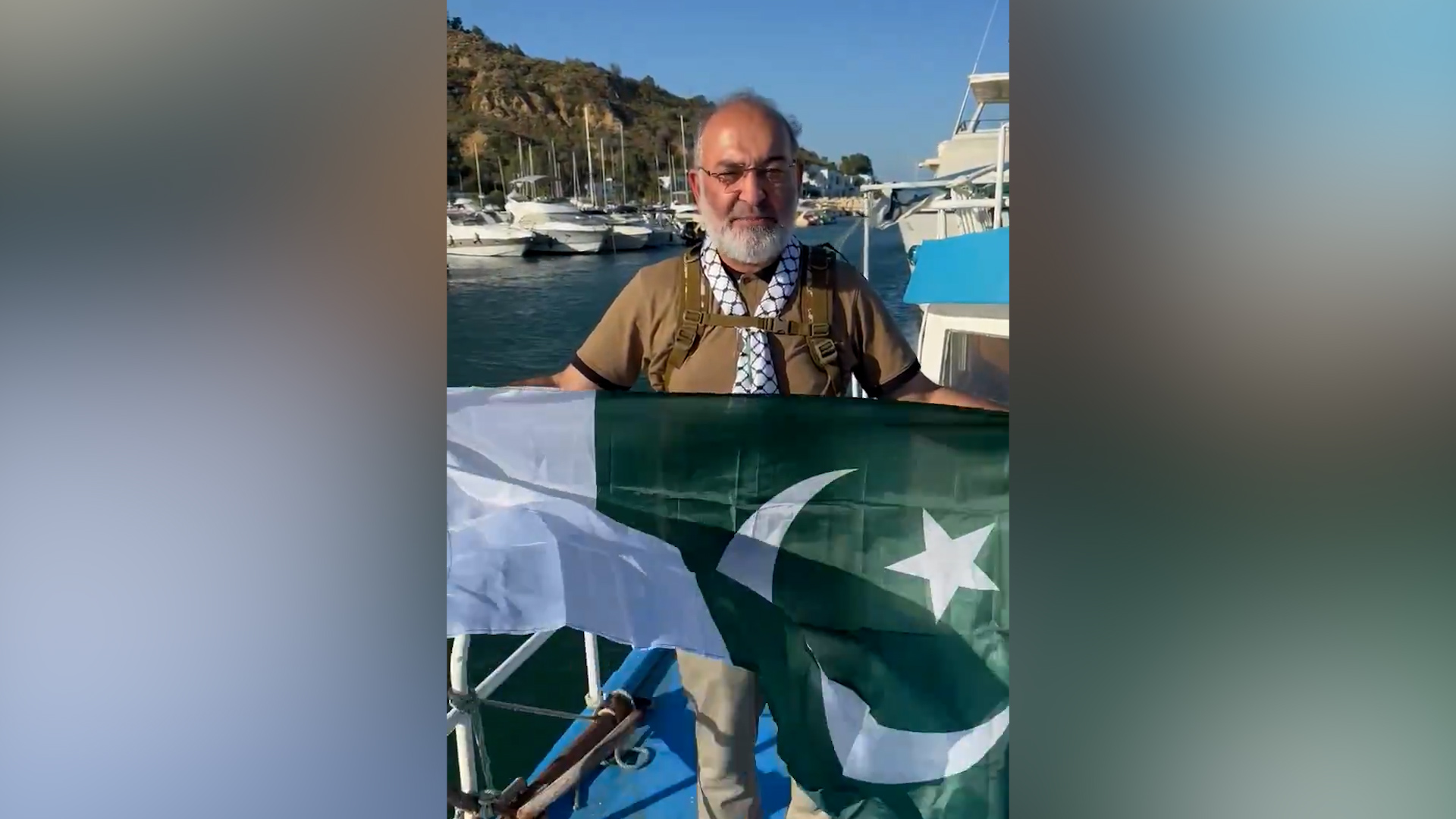 The screengrab taken from a video posted by Pakistani politician Mushtaq Ahmad Khan on August 31, 2025, shows Mushtaq Ahmad Khan speaking in a video message from a Tunisian port. (Mushtaq Ahmad Khan)