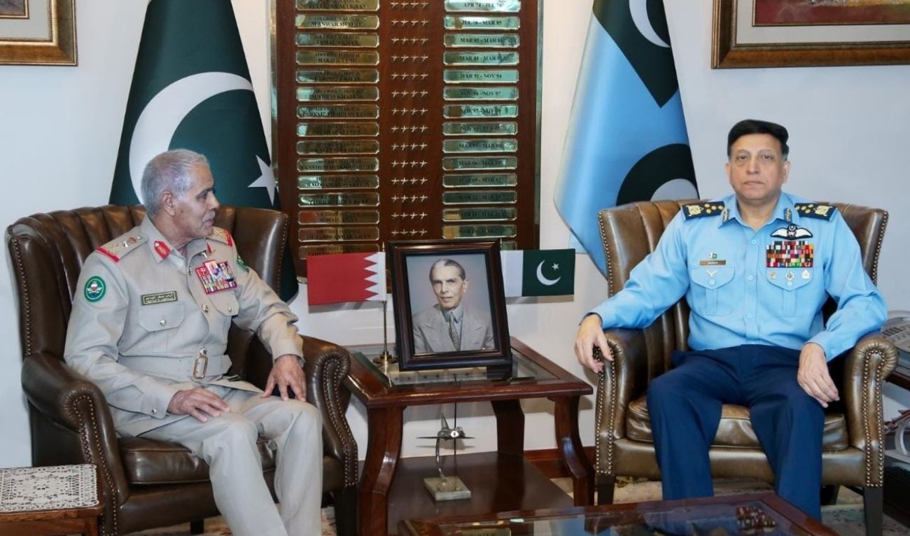 Bahrain’s Chief of Defense Staff Lt. Gen. Thiab Saqer Abdulla Al-Nuaimi, in a meeting with PAF’s Air Chief Marshal Zaheer Ahmed Baber Sidhu at the Air Headquarters in Islamabad on September 1, 2025. (PAF)