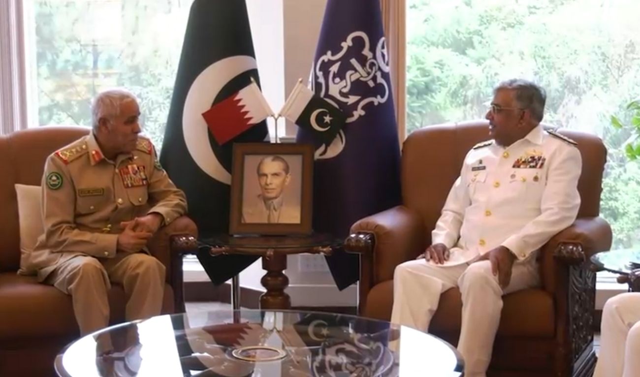 Bahrain’s Chief of Defense Staff Lt. Gen. Thiab Saqer Abdulla Al-Nuaimi’s meeting with Pakistan Navy Chief Admiral Naveed Ashraf (R) at the Naval Headquarters in Islamabad, Pakistan on Aeptember 2, 2025. (ISPR)