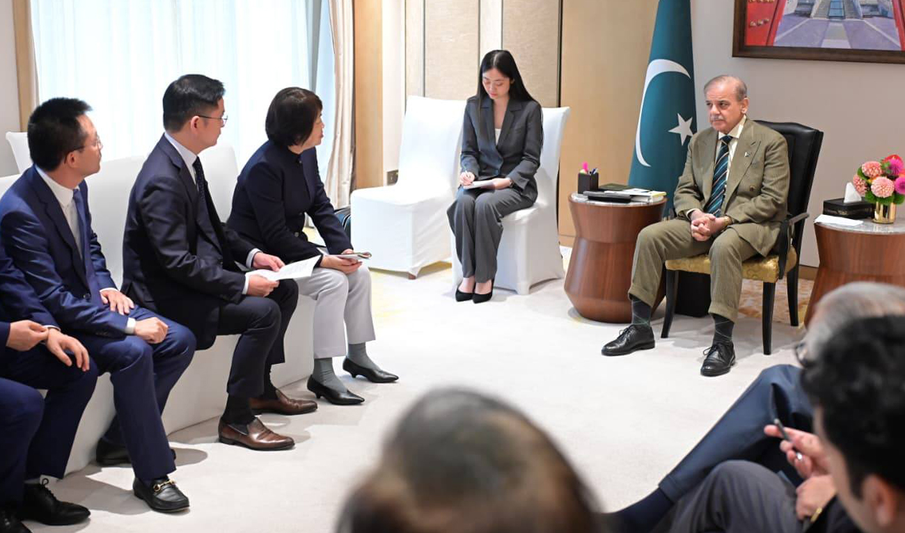 Pakistan Prime Minister Shehbaz Sharif gestures during a meeting with Chinese business executives in Beijing on September 3, 2025. (Handout/PMO)