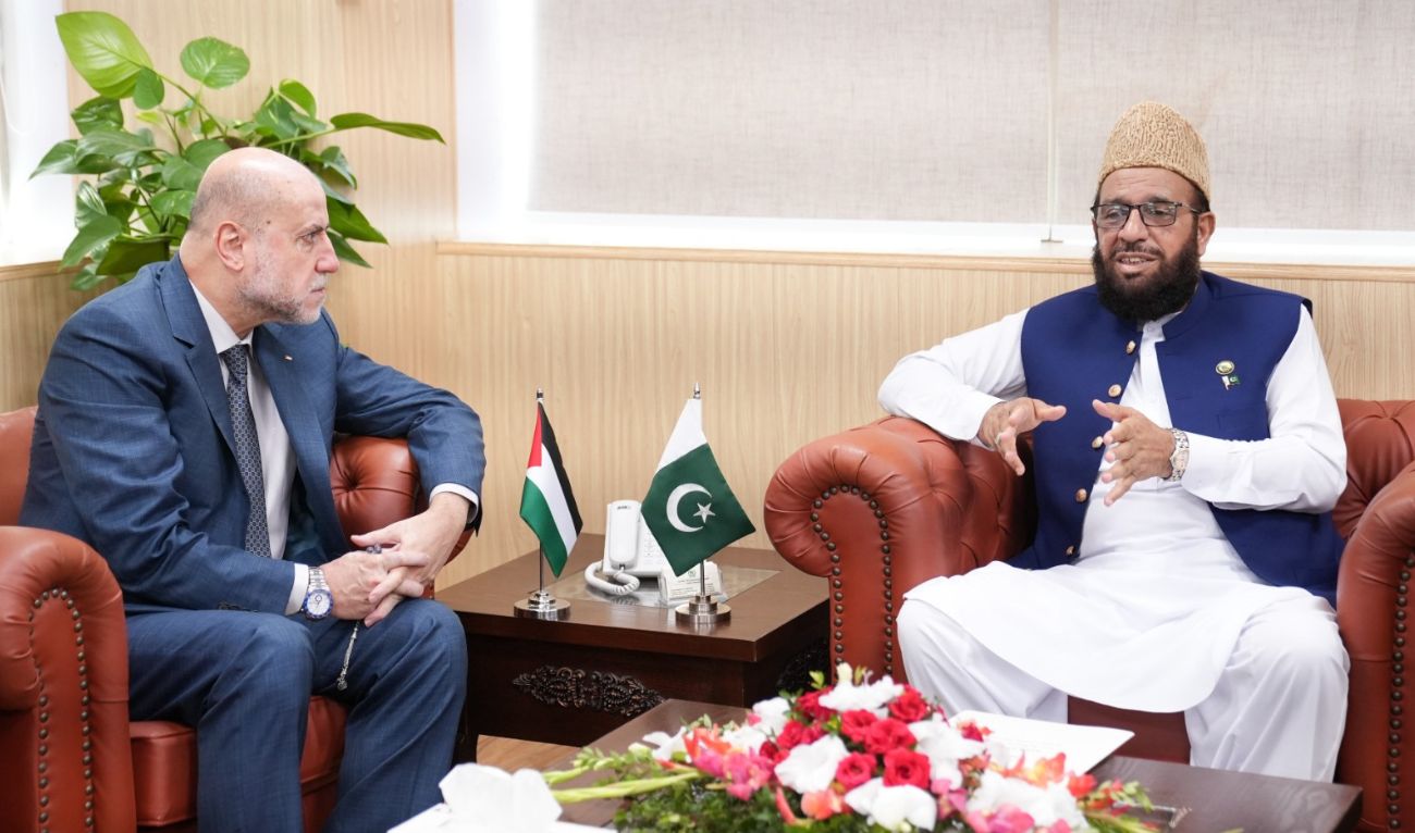 Federal Minister for Religious Affairs Sardar Muhammad Yousaf meeting with Dr. Mahmoud Sidqi Abdul Rahman Al-Habbash, the Supreme Judge of Palestine, in Islamabad, Pakistan on September 4, 2025. (GOP)