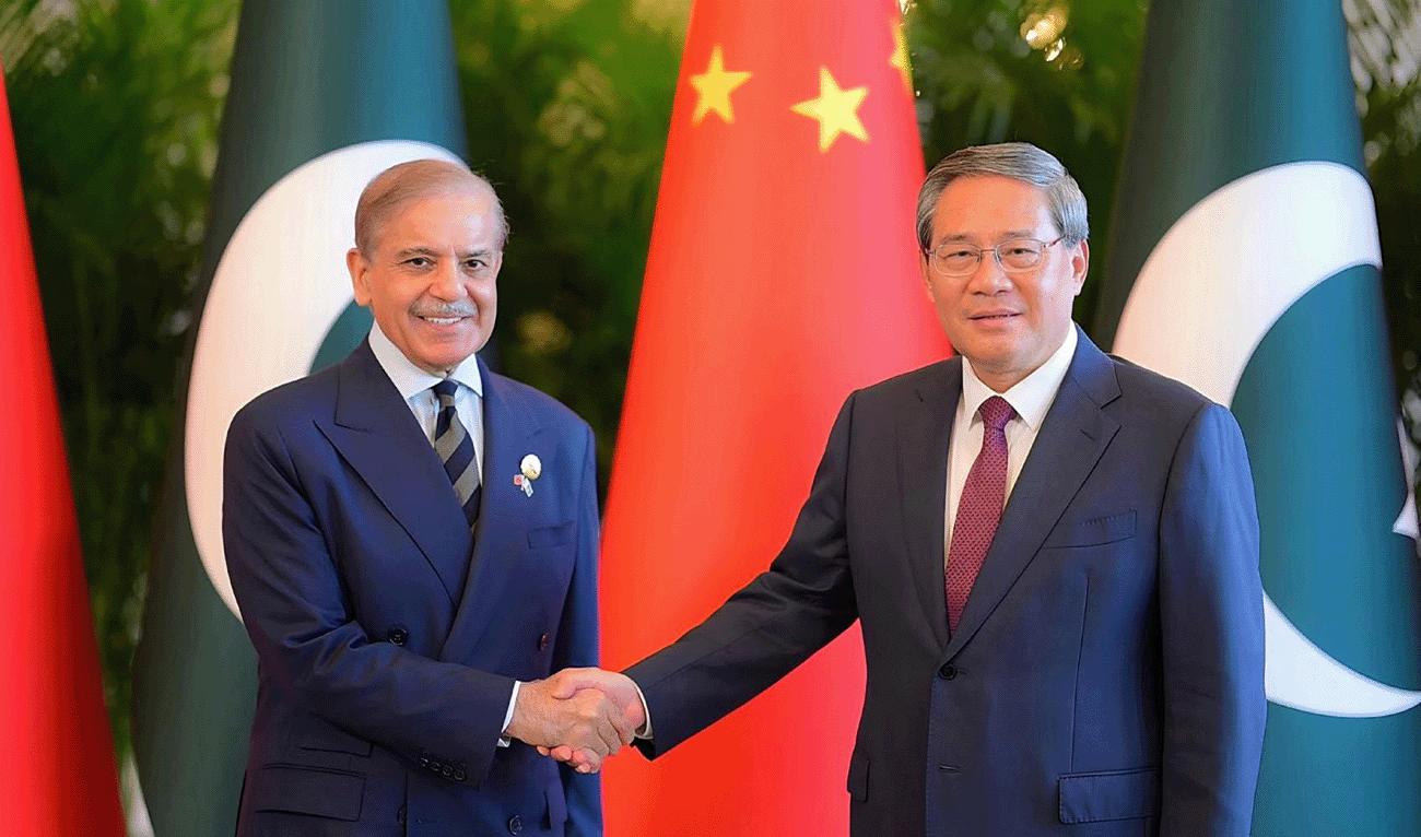 Pakistan's Prime Minister Shehbaz Sharif (left) shaking hands with Chinese counterpart, Li Qiang in Bejing, China on September 4, 2025. (Government of Pakistan)