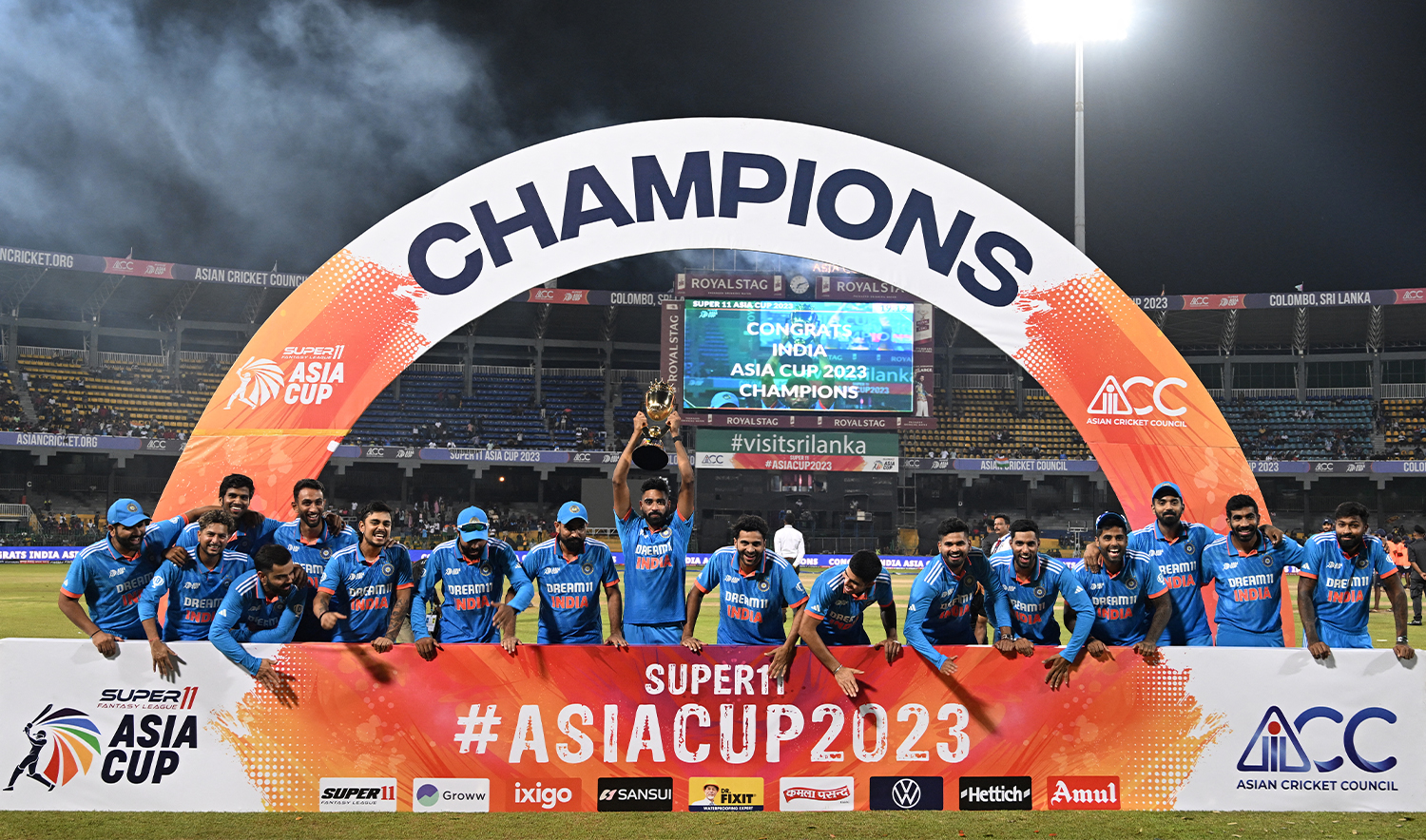 India’s players celebrate with the trophy after winning the Asia Cup 2023 one-day international (ODI) final cricket match between India and Sri Lanka at the R. Premadasa Stadium in Colombo on September 17, 2023. (AFP/File)