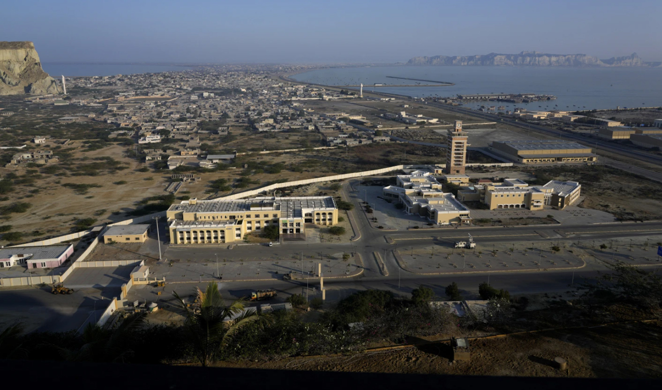 This photo, taken on January 14, 2025, shows a generic view of a newly developing area (bottom) and the downtown area seen from a hilltop in Pakistan’s coastal city of Gwadar, Balochistan. (AP/File)