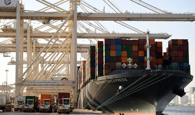 A container ship is docked at the port of Jebel Ali, operated by the Dubai-based giant ports operator DP World, in the southern outskirts of the Gulf emirate of Dubai, on June 18, 2020. (AFP/File)