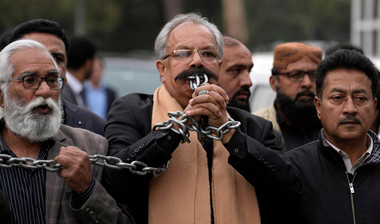 Pakistani journalists take part in a protest rally in Islamabad on January 28, 2025, to condemn a controversial ‘Prevention of Electronic Crimes Act’ bill passed by parliament that critics argue is designed to suppress freedom of speech. (AP/File)
