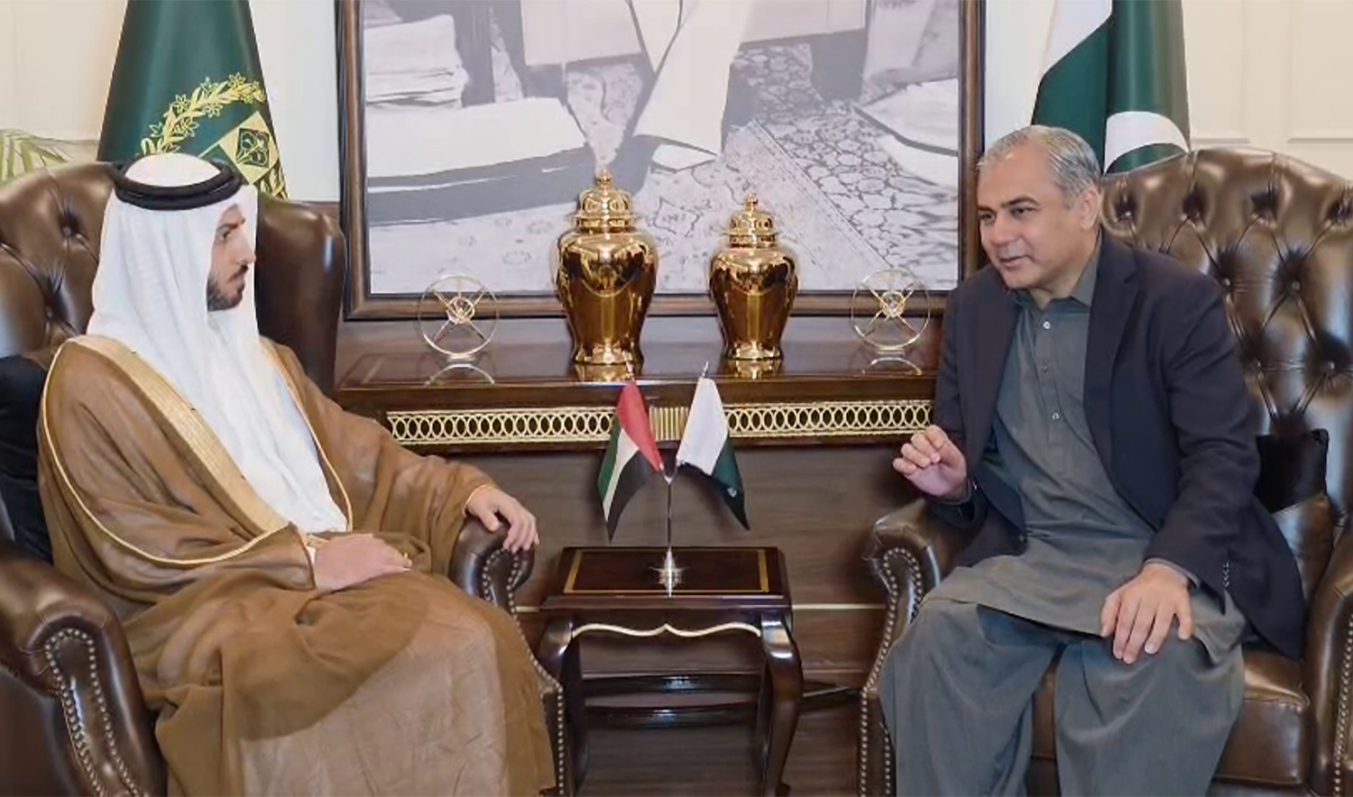 Chairman of the UAE’s National Anti-Narcotics Authority, Sheikh Zayed bin Hamad bin Hamdan Al Nahyan (left), meets Pakistan’s Interior Minister Mohsin Naqvi (right) in Islamabad, Pakistan, on September 11, 2025. (Pakistan's Interior Ministry)