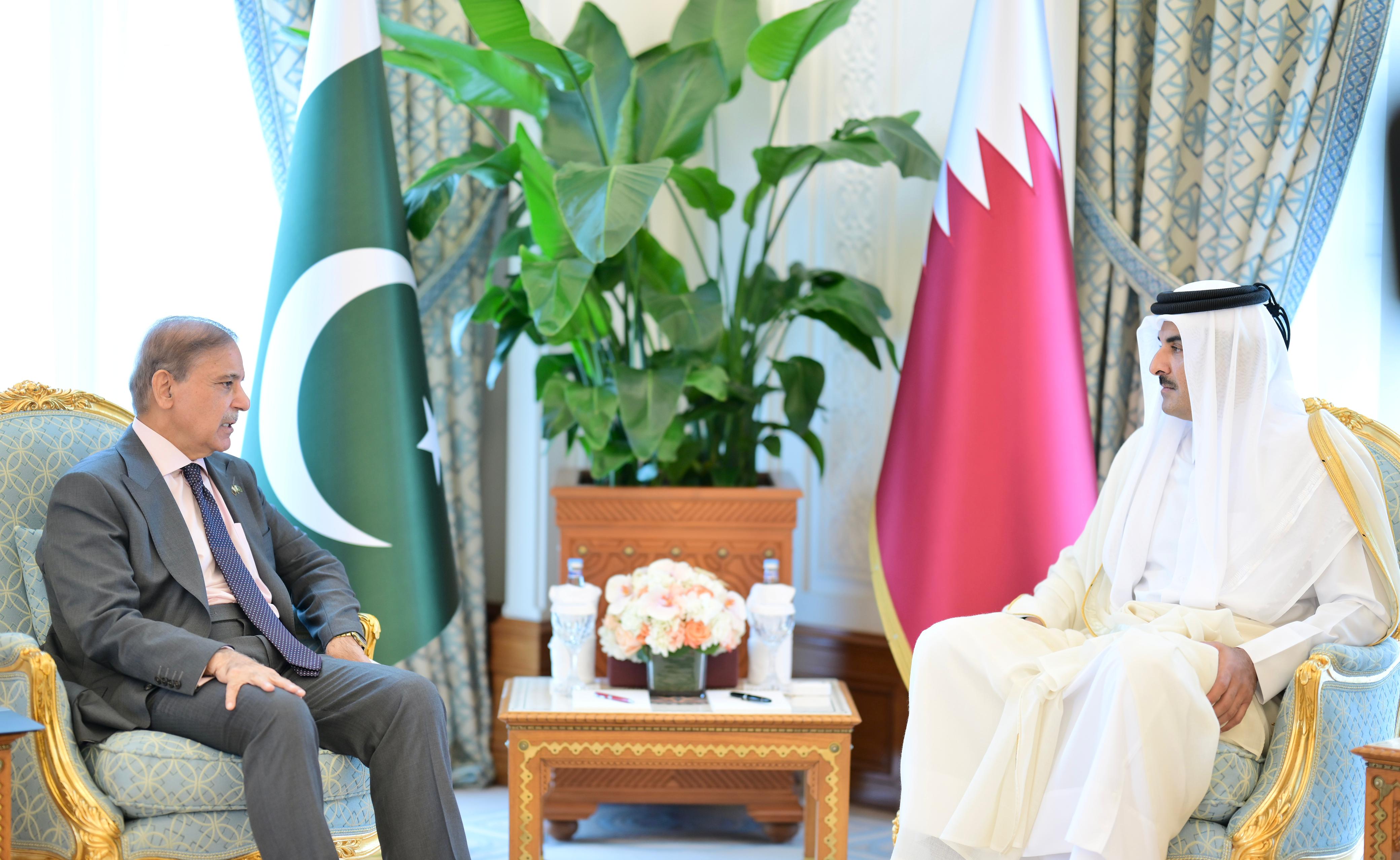 Prime Minister Muhammad Shehbaz Sharif speaks during a meeting with Qatar’s Emir Sheikh Tamim bin Hamad Al Thani in Doha on September 11, 2025. (Handout/PMO)