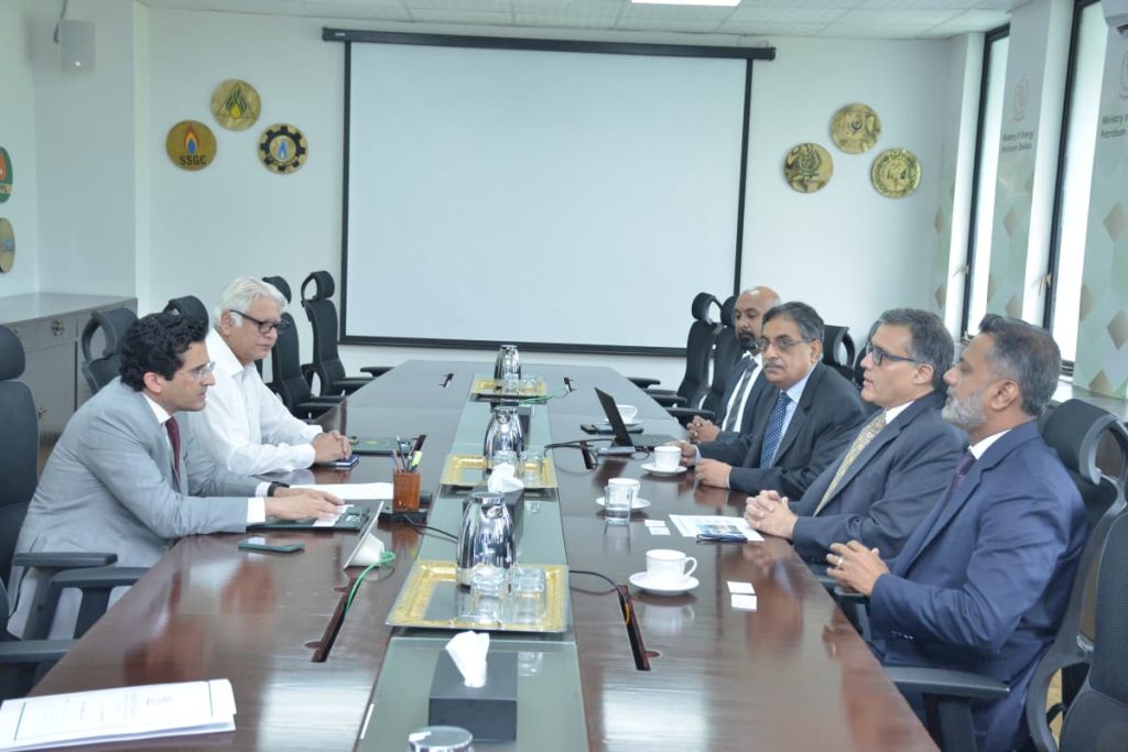 Pakistan Petroleum Minister Ali Pervaiz Malik speaks during a meeting with Ahmed Zahid, CEO and Country Chairman of Chevron Pakistan, in Islamabad on September 11, 2025. (APP)