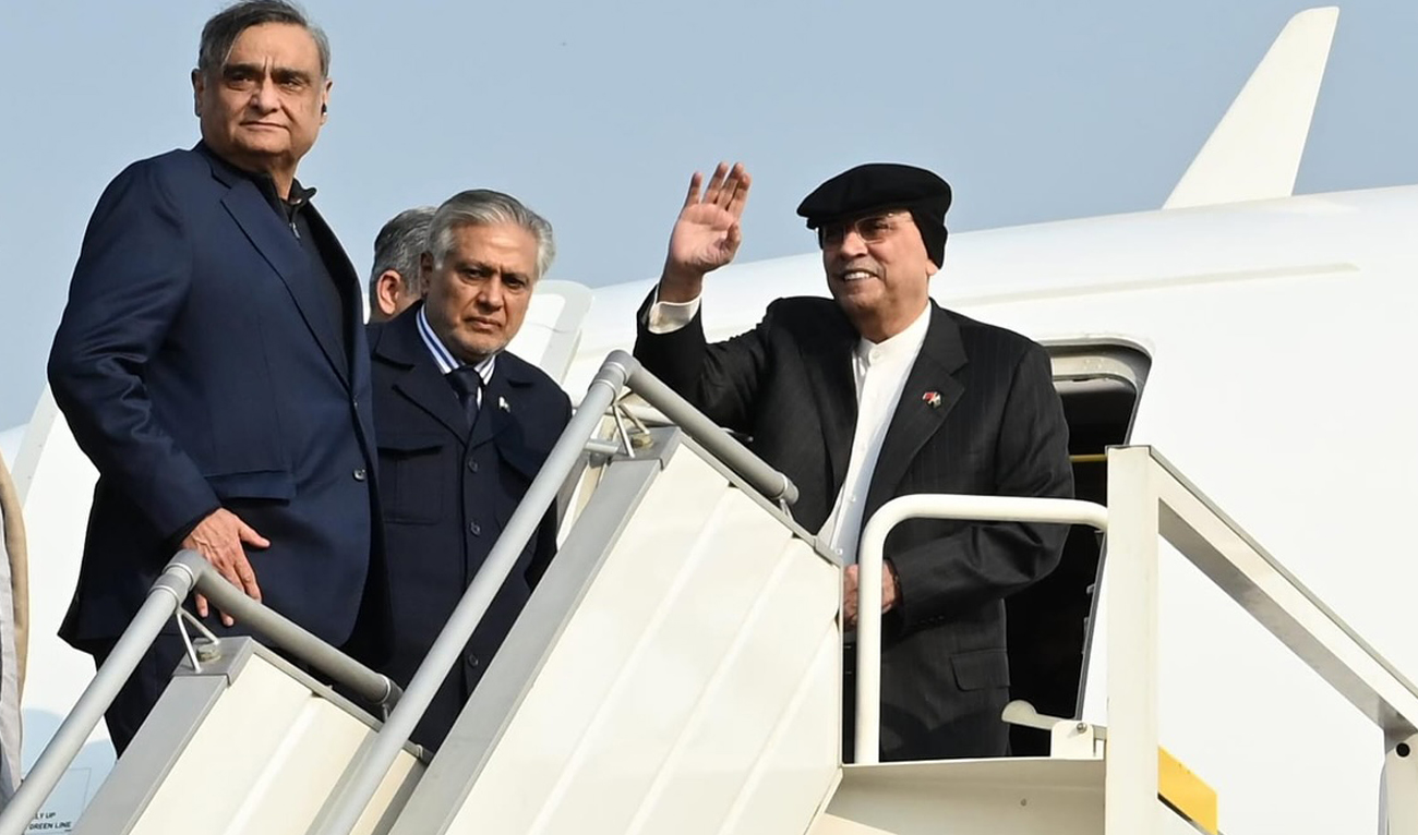 This file photo, taken on February 4, 2025, shows Pakistan President Asif Ali Zardari departing for an official visit to China, at Nur Khan Airbase in Rawalpindi. (Handout/PPP/File)