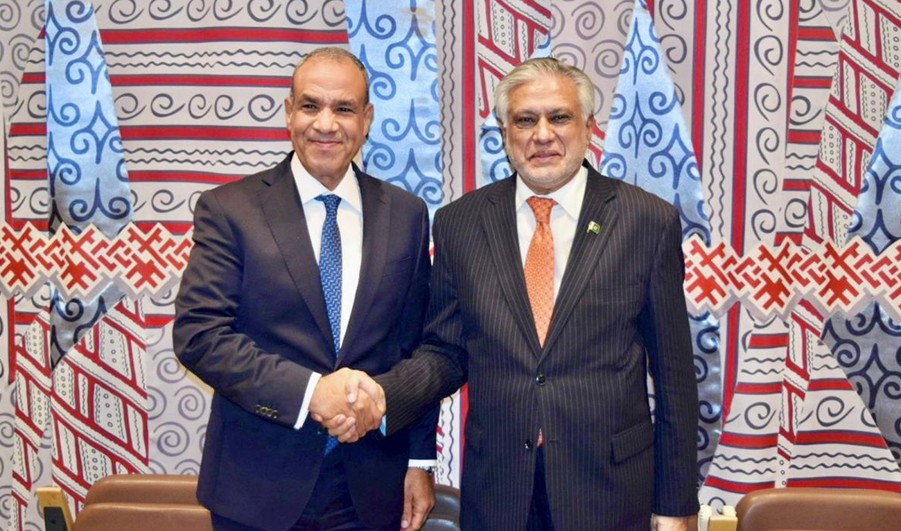 Pakistan’s Deputy Prime Minister and Foreign Minister, Ishaq Dar, meets Egyptian Foreign Minister, Dr. Badr Abdelatty (left) in New York, US, on July 28, 2025. (MOFA/File)