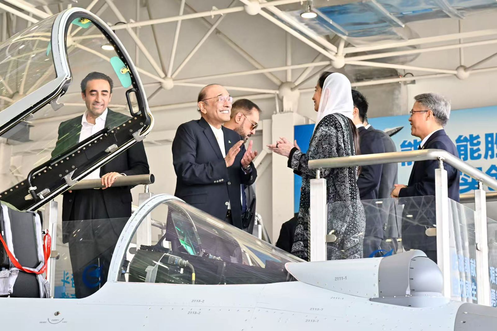 Pakistan President Asif Ali Zardari gestures during his visit at the Aviation Industry Corporation of China’s (AVIC) Advanced Aircraft Complex in Chengdu on September 14, 2025. (Handout/President Office)