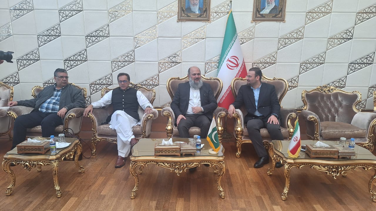 Pakistan’s Commerce Minister Jam Kamal Khan gestures as he arrives in Tehran on September 14, 2025. (Handout/Commerce Ministry)