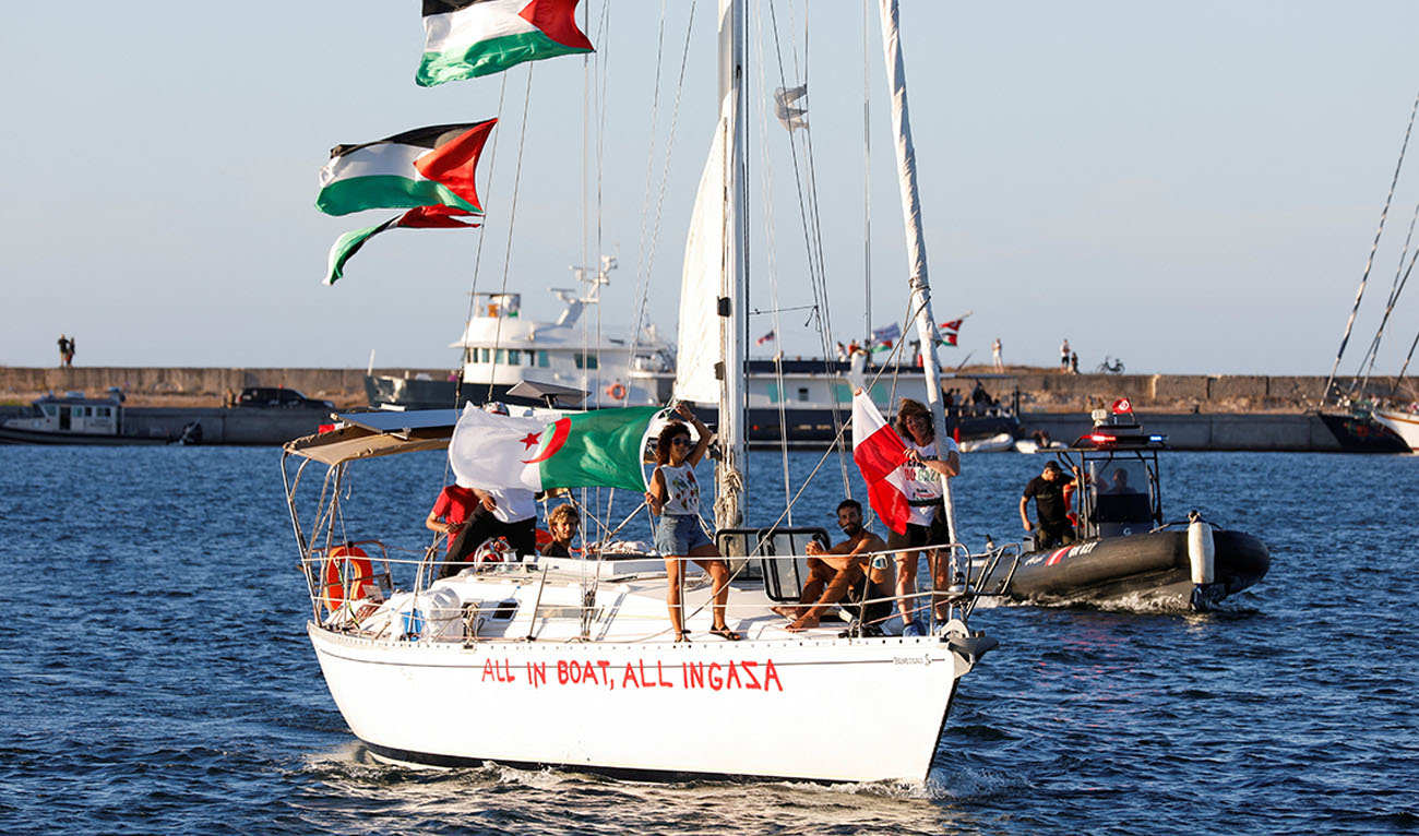 A boat participating in the Global Sumud Flotilla departs from the port of Bizerte, en route to Gaza, as part of an international humanitarian initiative aimed at breaking the Israeli naval blockade and delivering essential aid to Palestinians, in Bizerte, Tunisia, September 13, 2025. (REUTERS)