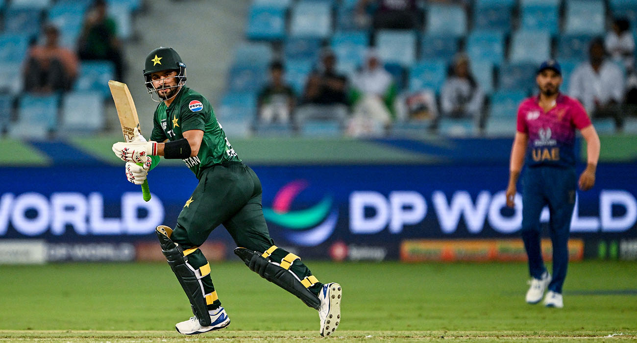 Pakistan's Sahibzada Farhan watches the ball after playing a shot during the Asia Cup 2025 Twenty20 international cricket match between United Arab Emirates and Pakistan at the Dubai International Stadium in Dubai on September 17, 2025. (AFP)