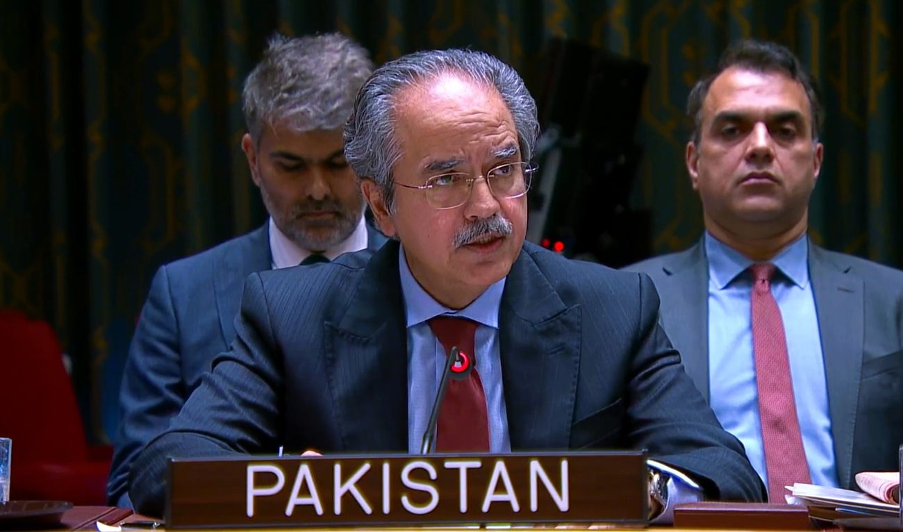 Pakistan’s permanent representative to the United Nations, Ambassador Asim Iftikhar Ahmad, speaks during a UN Security Council session at the United Nations in New York on September 20, 2025. (X/@PakistanUN_NY)