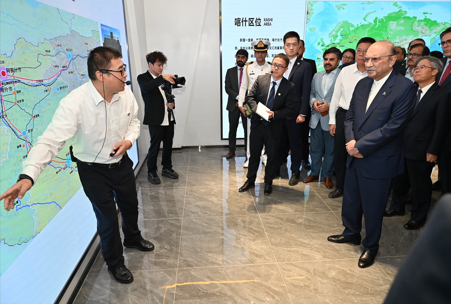 Pakistan President Asif Ali Zardari gestures during a visit to Kashgar Free Trade Zone in Xinjiang, China on September 20, 2025. (Handout/Presidency)